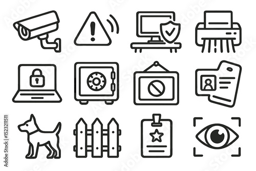 Security icons set featuring cameras, computers, safes, and id badges