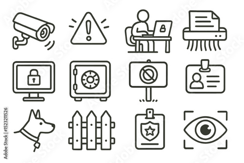 Security icons set featuring surveillance, data protection, and access control