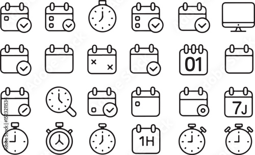 Time Management Icons Calendar, Clock, and Stopwatch Illustrations