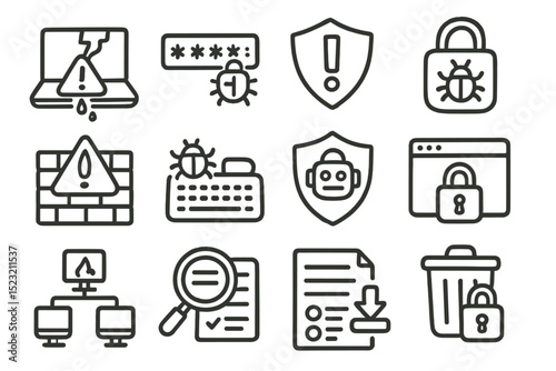 Cybersecurity icon set: firewall, malware, shield, lock, virus, network security
