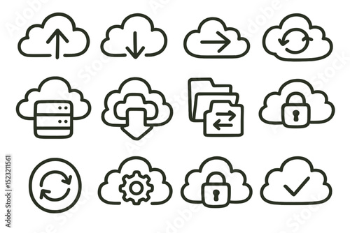 Cloud computing icons: sync, storage, security, data transfer symbols
