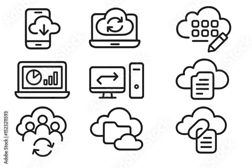 Cloud computing icons on gray background - technology symbols and concepts