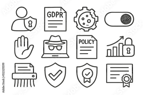 Gdpr and data privacy icons set illustrating security and compliance elements