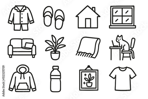Cozy home essentials: pajamas, slippers, plants, cat, and more