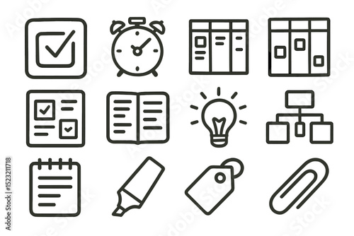 Icons for task management and organization: checklist, alarm, and more