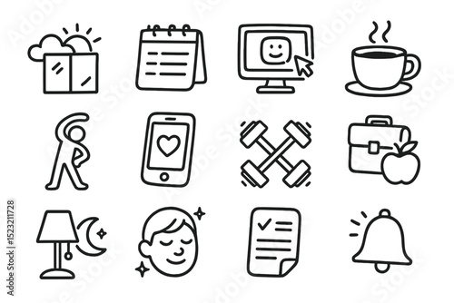 Hand-drawn icons of wellbeing and productivity tools on brown background
