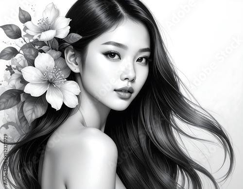 Grayscale woman with flowers