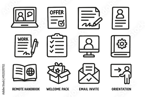 Icons of remote work essentials: handbook, orientation, and email invite