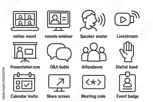 Online event icons: webinar, livestream, presentation, q&a, attendance