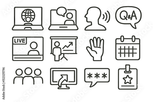 Digital communication icons set: video chat, q&a, presentation, calendar
