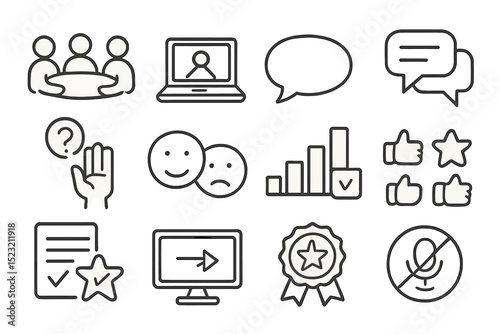 Business communication icons: video, chat, feedback, performance, recognition
