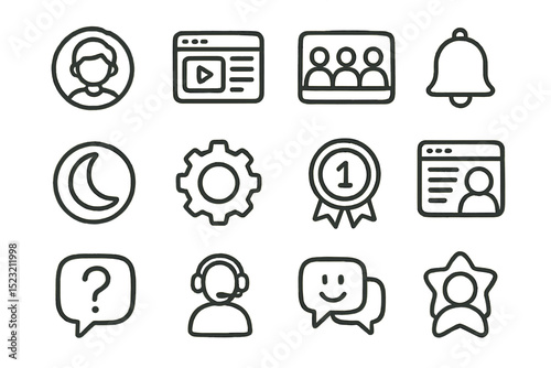 Hand-drawn interface icons: gear, bell, profile, chat, video