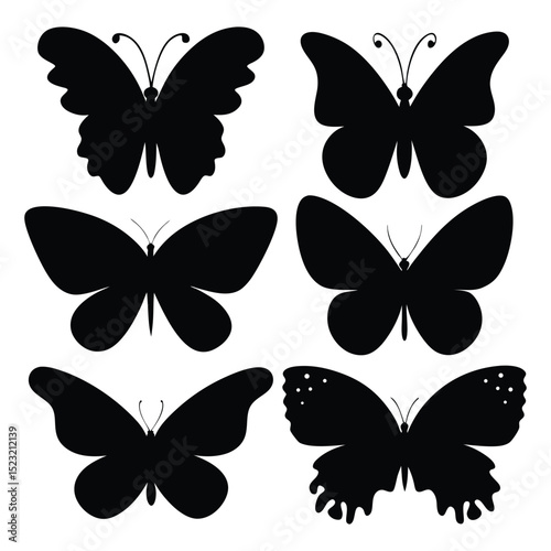 Silhouettes of six elegant butterflies in various designs perfect for decorative and design elements