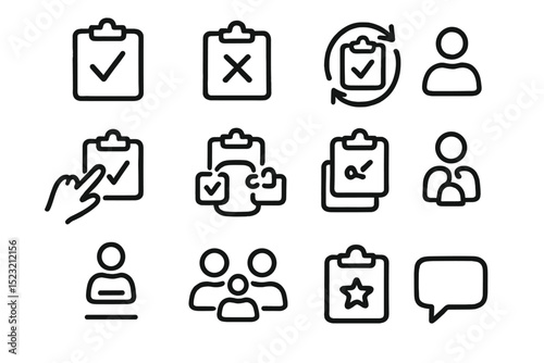 Set of icons: checklists, user profiles, communication, and ratings