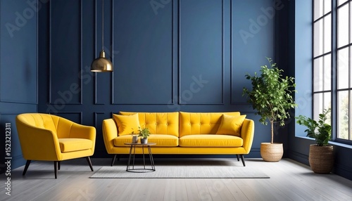 Elegant Yellow Sofa in a Blue Room Interior Design