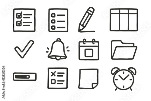 Hand-drawn icons of checklist, calendar, bell, alarm, and pencil