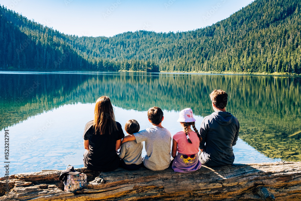 Fototapeta premium Family hiking, Paradise Meadows Loop Trail, Strathcona Provincial Park, Vancouver Island, BC, Canada