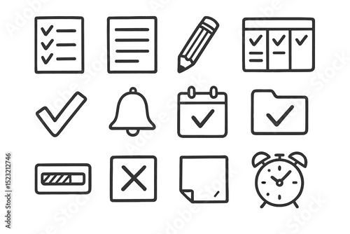 Hand-drawn productivity icons for task management and organization
