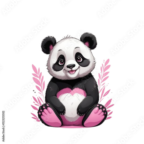 Adorable panda character sitting with a smile among pink leaves on a white background 