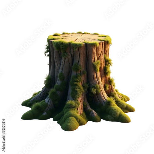 Detailed tree stump covered with green moss on a white background 