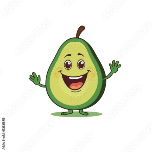 Happy avocado character waving with a smile on a white background 