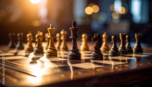 Strategic Chess Game: A Close-Up View of Wooden Chess Pieces on a Classic Board