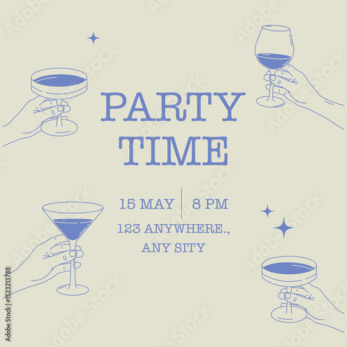 Minimalist party poster with hands holding glasses and the text “Party Time.” Perfect for invitations, flyers, events, and celebrations.