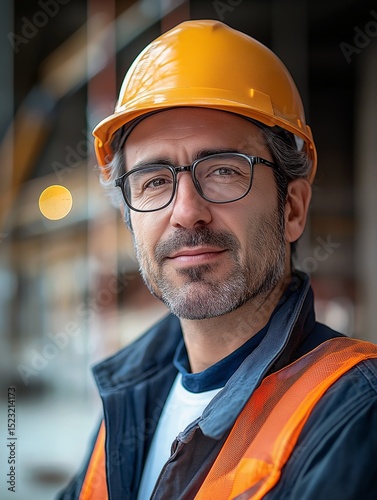 Male Construction Worker with Safety Helmet and Reflective Vest at Industrial Site Engineering and Occupational Safety Expert in the Construction Industry