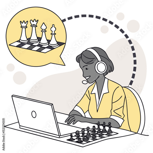 Woman playing online chess digital game learning and strategy