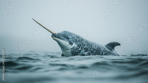 A narwhal swimming in the ocean with its tusk visible above the water on a foggy day in the arctic