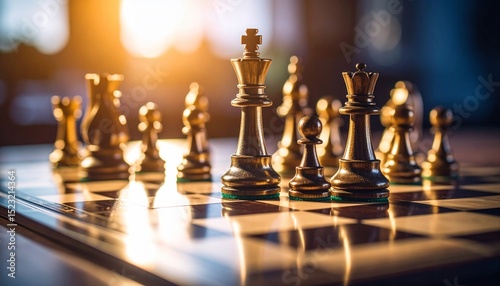 Golden Chess Pieces on a Board: Strategy, Competition, and Victory