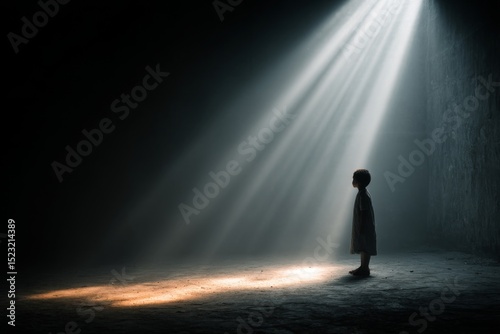 Young Asian Child Standing in Rays of Light in a Dark Room