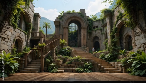 Detailed Stage Set Design with Wooden Stairs, Lush Greenery, and Ancient Ruins