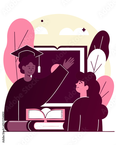 Teacher guiding student in a pastel-colored classroom, highlighting learning.