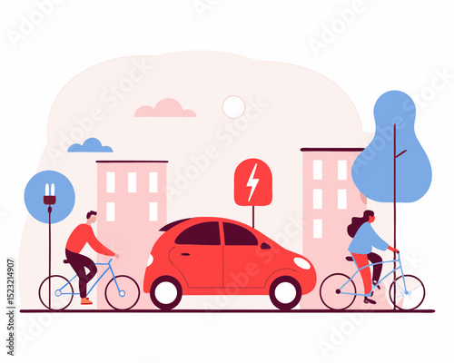City street with an EV charging station and cyclists in pastel colors, promoting green transport.