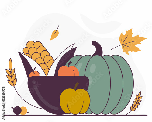 Pastel harvest table with pumpkins and vegetables, symbolizing gratitude and abundance.