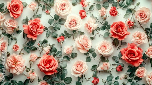 Overhead shot of a floral arrangement featuring pink and red roses with green leaves on white background