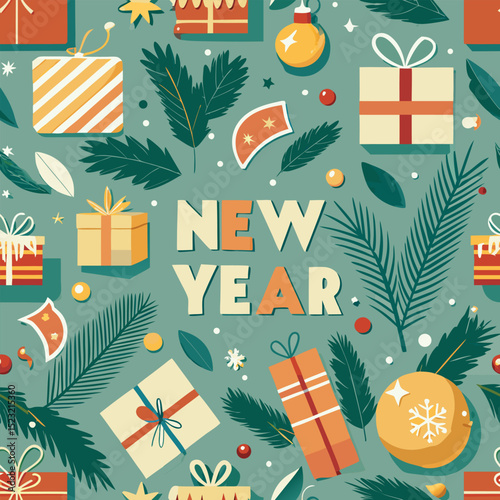 Festive New Year celebration design featuring presents, decorations, and holiday elements on a green background Generative AI