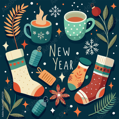 Festive New Year celebration with cozy elements and colorful decorations surrounded by winter motifs Generative AI