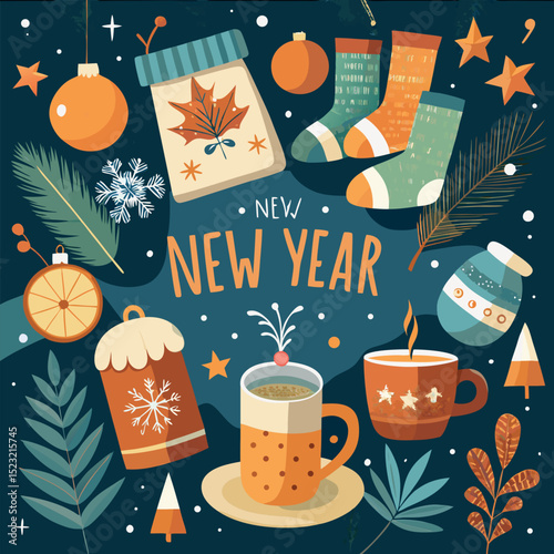 Festive decorations and cozy drinks celebrate the arrival of the new year in a vibrant winter setting Generative AI