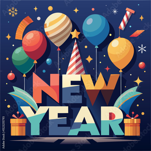 Celebratory New Year design featuring vibrant balloons, festive decorations, and colorful text in a lively atmosphere Generative AI