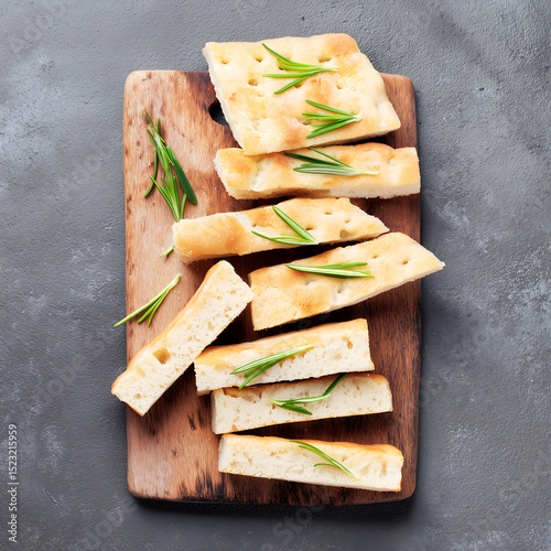 The national dish of Italy is focaccia. A wheat flatbread whose recipe contains only flour, olive oil and water. Top view