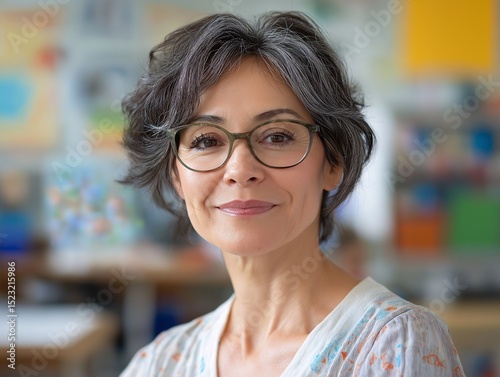 Middle-Aged Woman Teacher Smiling in Academic Art Studio Professional, Creative, Engaged