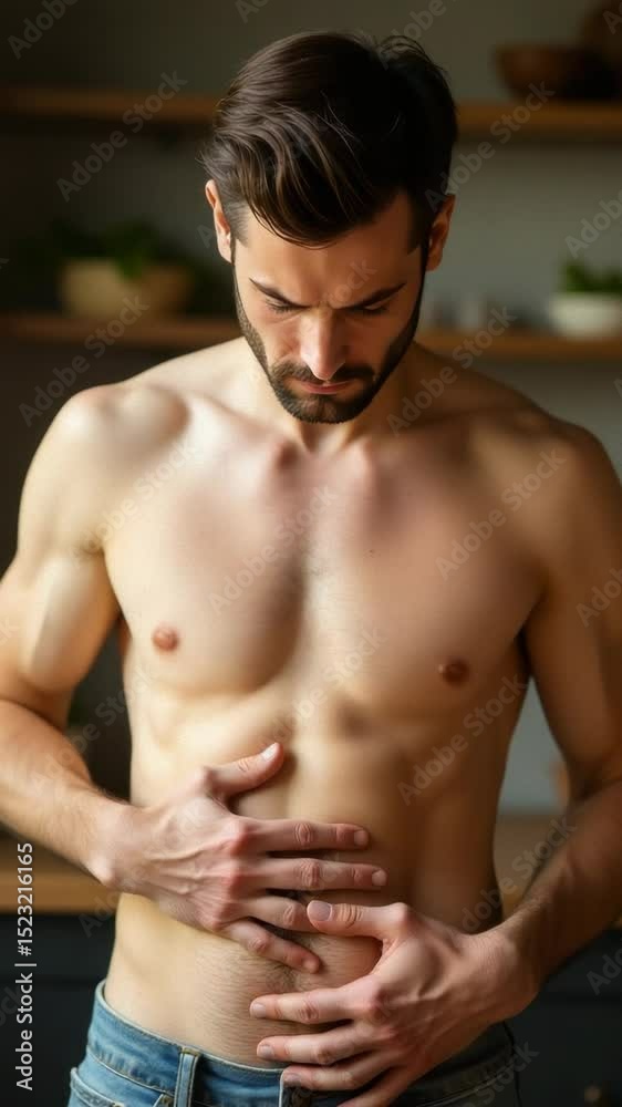 A shirtless man struggling with stomach pain or discomfort in a kitchen setting A shirtless man struggling with stomach pain or discomfort in a kitchen setting