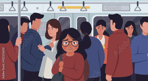  Sad girl in crowded subway train flat style for urban loneliness concept