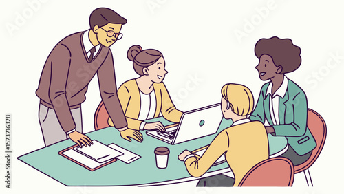 Commercial Quality Vector Art of a Group Collaborating Around a Conference Table  