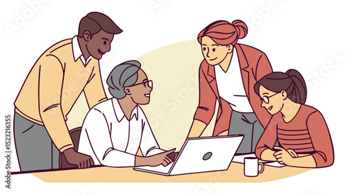 Modern Conference Table Vector Art Featuring a Diverse Group of Professionals Collaborating  