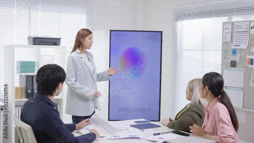 A strategic business team gathers in a modern office for a collaborative brainstorming meeting, supported by an AI-assisted display screen system that helps present innovative ideas and smart solution
