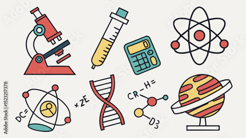 Consistent Line Style Vector Icons for STEM Education with Atom and Calculator  