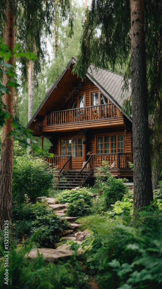 Rustic log cabin nestled among tall trees with a stone pathway leading to the entrance of the house Rustic log cabin nestled among tall trees with a stone pathway leading to the entrance of the house